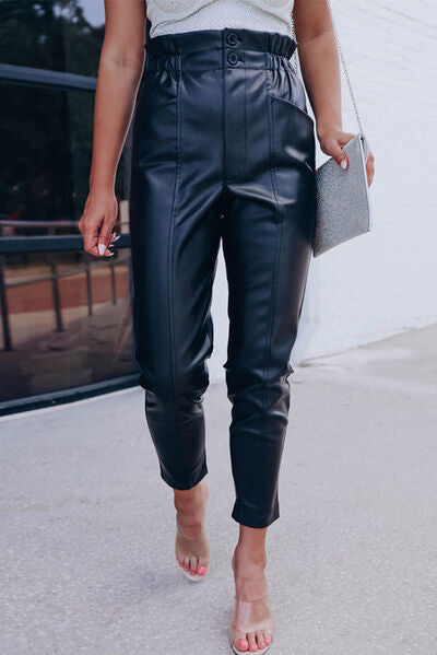 High Waist PU Leather Cropped Pants