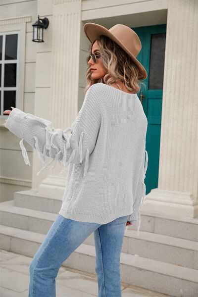 Fringe Round Neck Dropped Shoulder Sweater